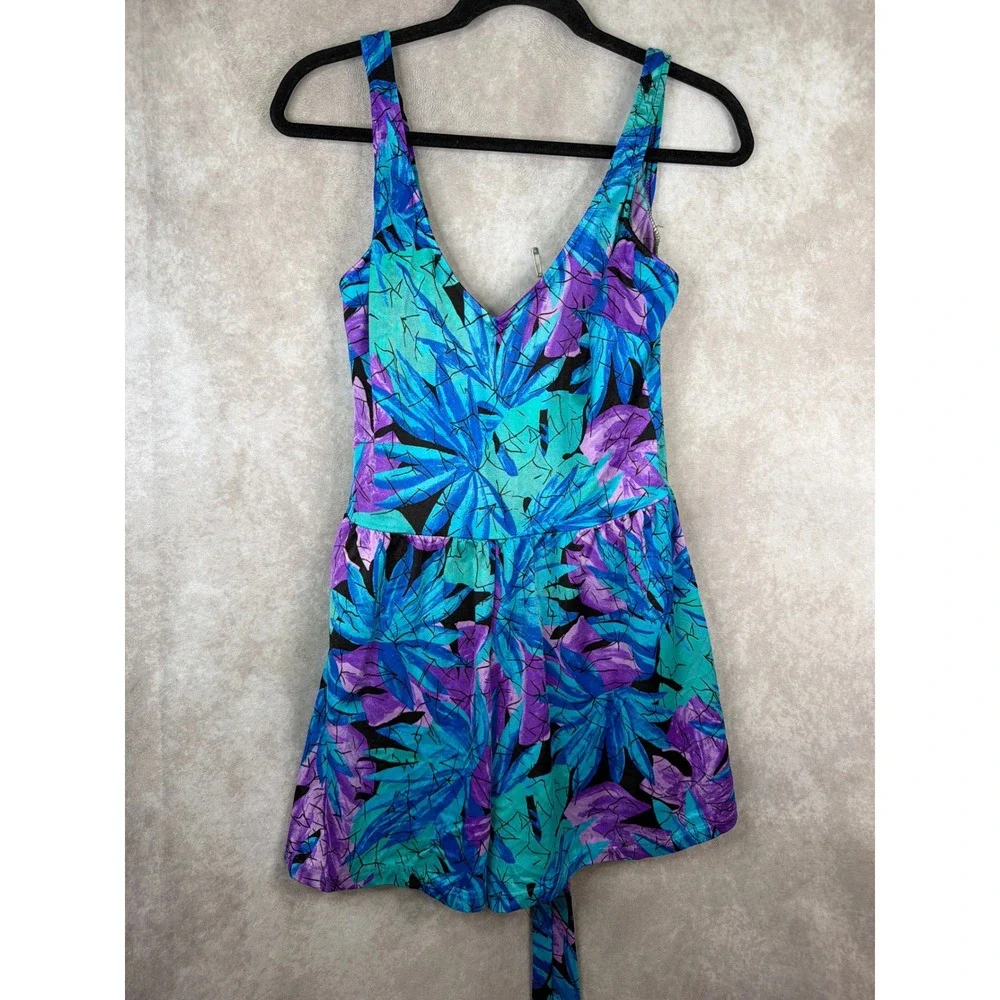 Maxine‎ of Hollywood Swim Dress Women 16 Blue Purple Tropical Leaf Vintage 90s